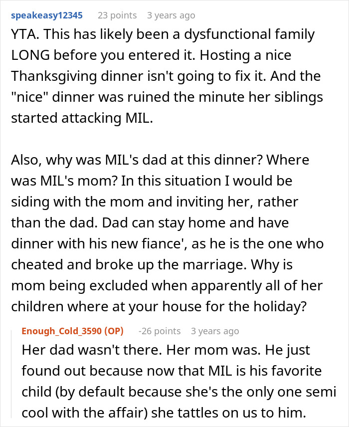 Reddit conversation discussing MIL admitting she paid a wedding planner who slept with her dad and family conflict.