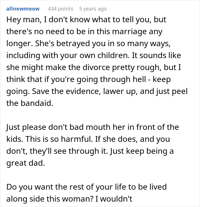 Screenshot of a Reddit comment advising on marriage betrayal and divorce, related to open marriage and reconnecting with an ex. Screenshot of a Reddit comment advising on marriage betrayal and divorce, related to open marriage and reconnecting with an ex.
