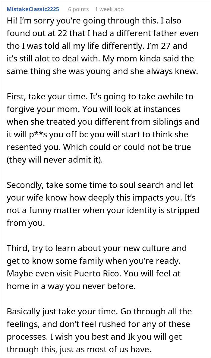 Comment about coping after man finds out about secret family through ancestry test, offering advice and support.