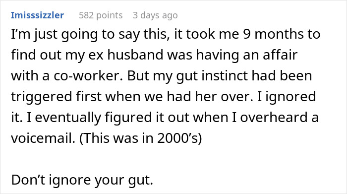 Screenshot of a forum post where a woman shares her experience of discovering her ex-husband&rsquo;s affair with a female colleague.
