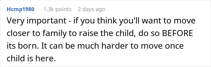 Reddit user emphasizing the importance of moving closer to family before the child is born for better support.