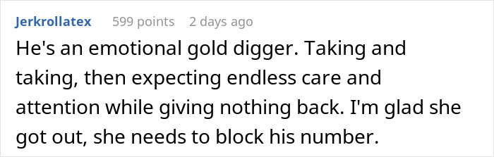 Screenshot of a Reddit comment discussing fears of gold diggers and emotional relationships in an online forum.
