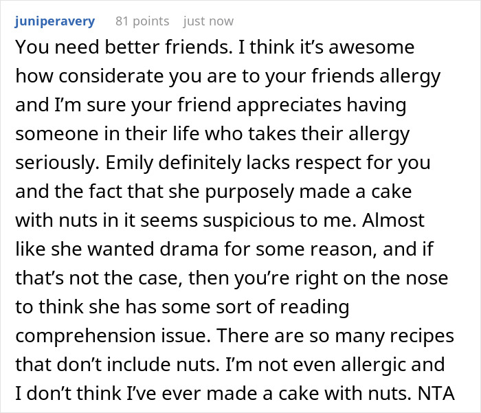 Comment discussing respect for food allergy restrictions and the consequences of ignoring party host's allergy rules.