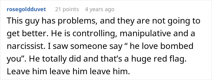 Screenshot of a forum comment discussing boyfriend fears of golddiggers and controlling behavior as a red flag in relationships. Screenshot of a forum comment discussing boyfriend fears of golddiggers and controlling behavior as a red flag in relationships.