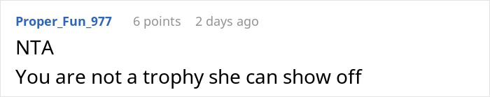 Screenshot of an online comment saying NTA and criticizing a woman demanding her swimmer boyfriend look like her friend’s partner.