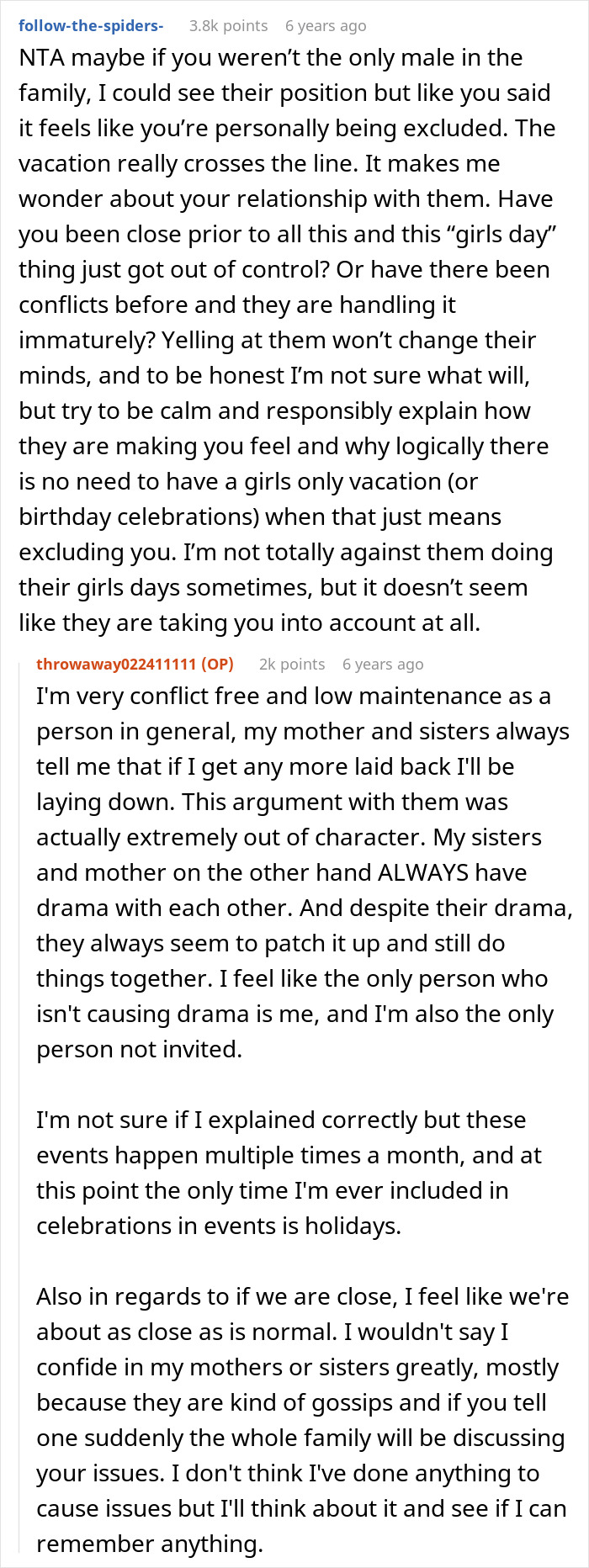 Reddit user discusses feeling excluded from family girls days and struggles with immaturity and personal growth. Reddit user discusses feeling excluded from family girls days and struggles with immaturity and personal growth.