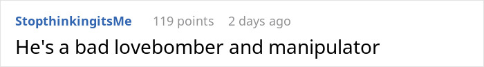 Screenshot of a forum comment stating he's a bad lovebomber and manipulator in a discussion about boyfriend fears golddiggers. Screenshot of a forum comment stating he's a bad lovebomber and manipulator in a discussion about boyfriend fears golddiggers.