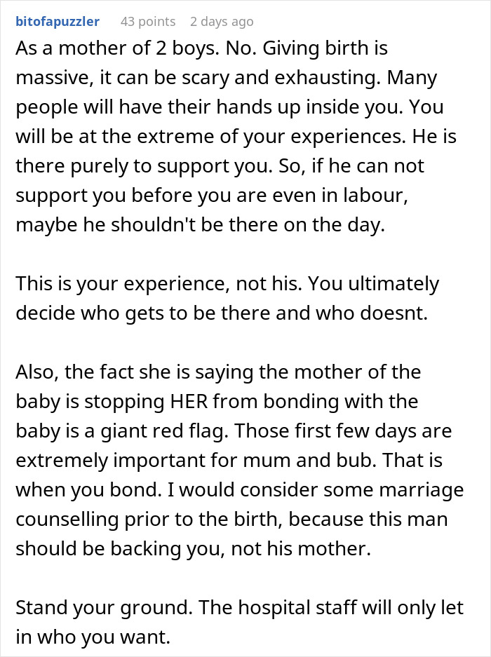 Screenshot of a Reddit comment discussing a pregnant woman not wanting fianc&eacute;&rsquo;s mom in delivery room and relationship support.