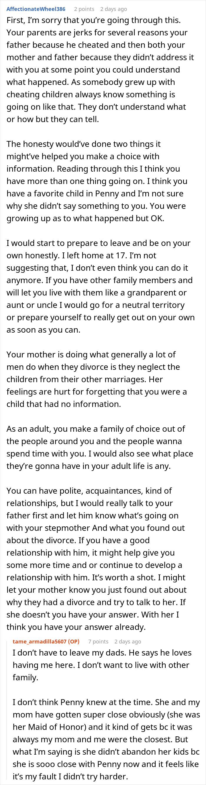Screenshot of an online discussion about a mom blaming her daughter for picking dad during the divorce and family issues. Screenshot of an online discussion about a mom blaming her daughter for picking dad during the divorce and family issues.