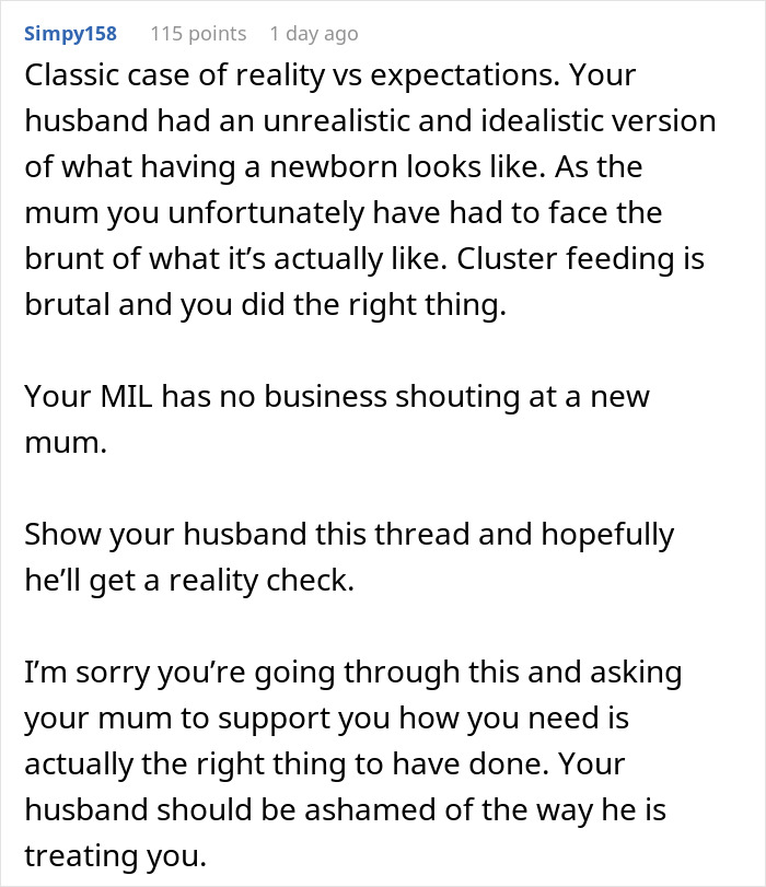 Comment discussing challenges faced by a new mom with unsupportive husband and in-laws during newborn care. Comment discussing challenges faced by a new mom with unsupportive husband and in-laws during newborn care.