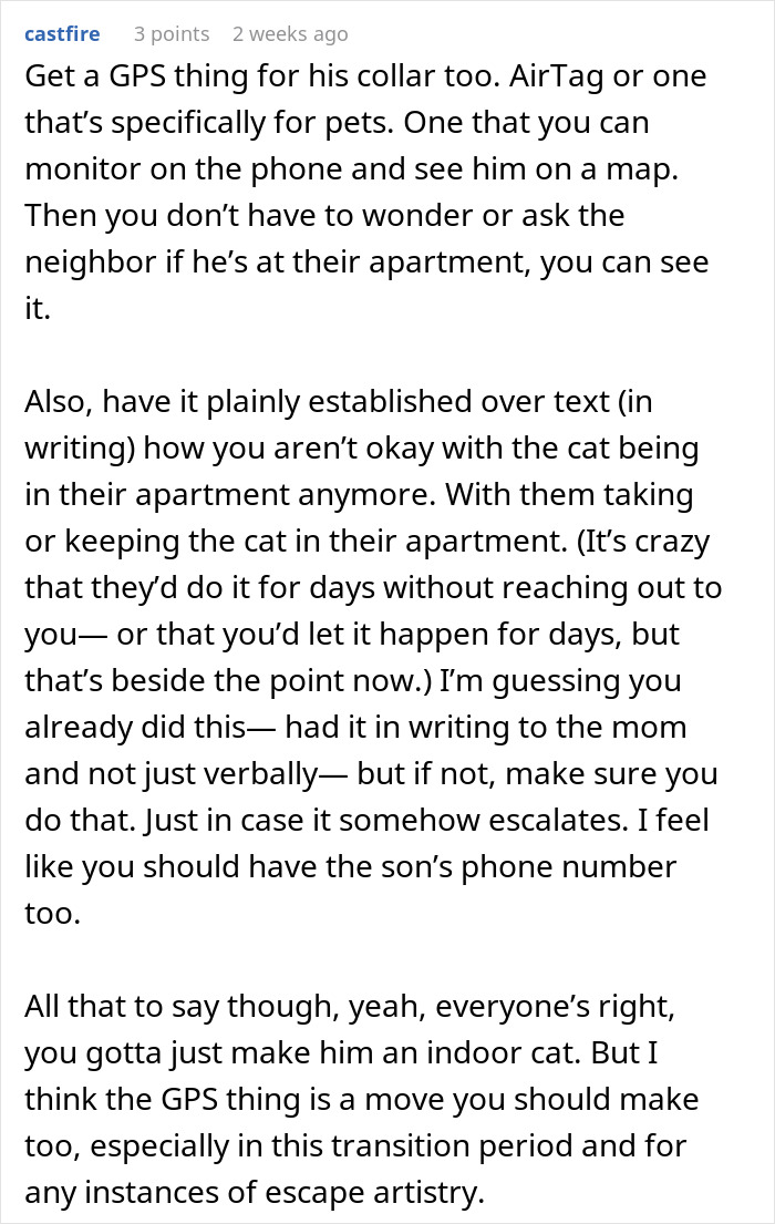 Text advice on using GPS for cat collar to track pet and addressing neighbor &lsquo;adopting&rsquo; cat without permission.