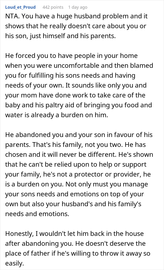 Comment text from user Loud_et_Proud criticizing husband and in-laws for not helping baby, discussing new mom kicks out husband inlaws not helping baby. Comment text from user Loud_et_Proud criticizing husband and in-laws for not helping baby, discussing new mom kicks out husband inlaws not helping baby.