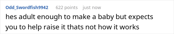Comment discussing adult son's responsibility in a living situation after impregnating his girlfriend.