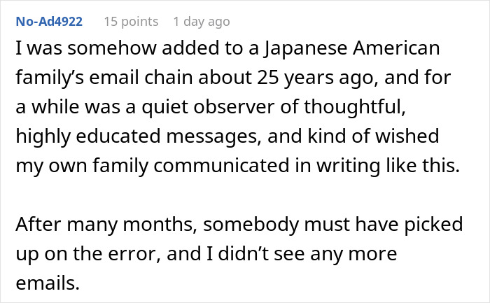 Screenshot of a Reddit comment about being added to a random family group chat and spending months emotionally invested.
