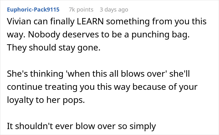 User comment discussing a woman snapping and kicking her fiancé and stepdaughter out, refusing to take them back. User comment discussing a woman snapping and kicking her fiancé and stepdaughter out, refusing to take them back.