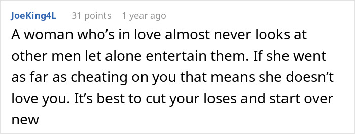 Comment text on a white background about love and cheating, advising to cut losses and start over when trust is broken.