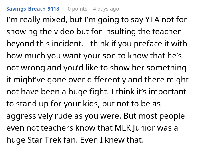 Comment discussing a teacher getting schooled by a kid with a fun fact, and his dad putting her in her place.