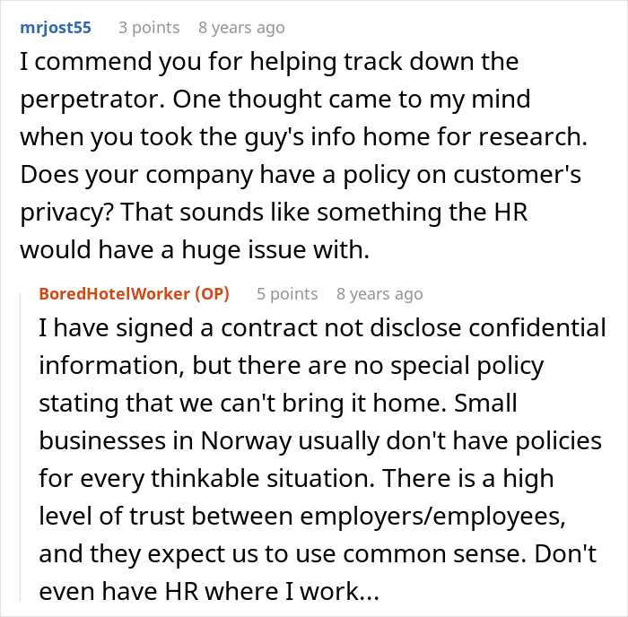 Commenters discussing hotel receptionist handling scammer’s $2k laundering attempt and company privacy policies.