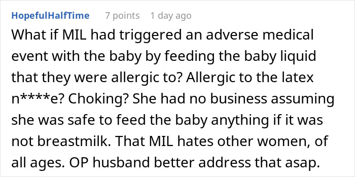 Reddit comment about MIL feeding baby, warning of allergies and safety as mom takes her baby and storms off. Reddit comment about MIL feeding baby, warning of allergies and safety as mom takes her baby and storms off.