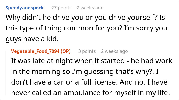 Reddit conversation discussing why partner called ambulance for themselves instead of driving or self-transporting at night. Reddit conversation discussing why partner called ambulance for themselves instead of driving or self-transporting at night.