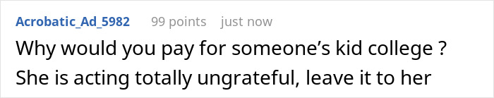 Online comment about family conflict over stepson college money, expressing frustration and refusal to pay. Online comment about family conflict over stepson college money, expressing frustration and refusal to pay.