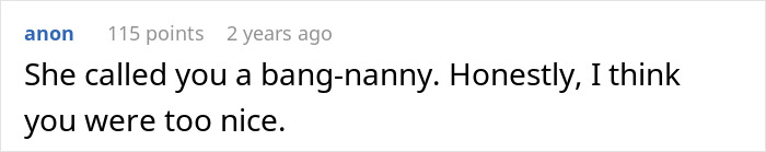 Text conversation showing a comment about someone being called a bang-nanny and described as too nice in an online discussion.