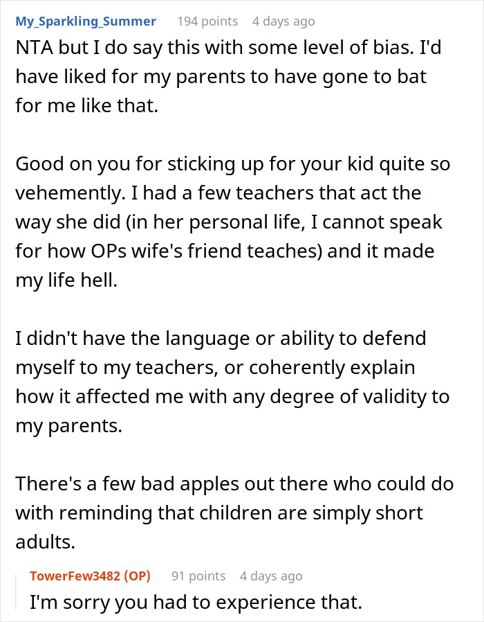 User comment discussing a teacher and kid situation with a parent defending the child in an online forum thread. User comment discussing a teacher and kid situation with a parent defending the child in an online forum thread.