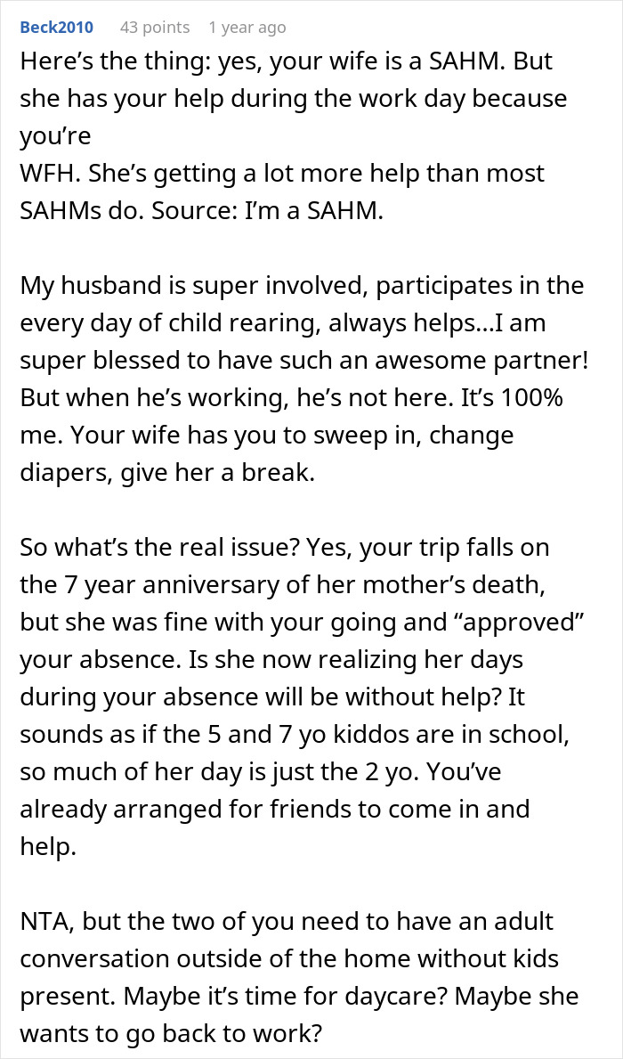 Text from a Reddit post discussing a dad leaving for work and wife managing solo parenting with three kids.