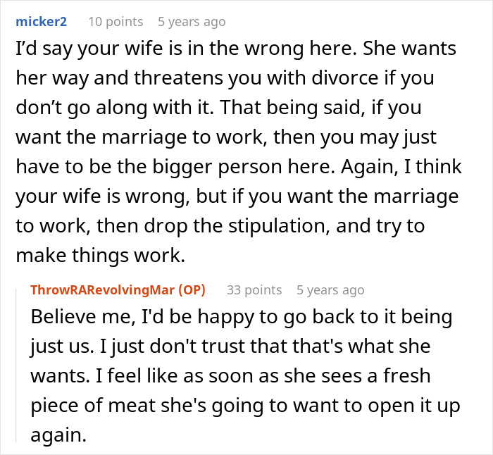 Alt text: Reddit comments discussing a wife making husband agree to an open marriage to reconnect with her ex. Alt text: Reddit comments discussing a wife making husband agree to an open marriage to reconnect with her ex.