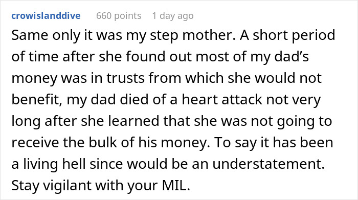 Reddit comment screenshot about a greedy mom reacting to inheritance and trusts after dad's death Reddit comment screenshot about a greedy mom reacting to inheritance and trusts after dad's death