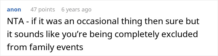 Screenshot of a forum comment discussing a guy furious after being excluded from family girl days and his need to grow up.