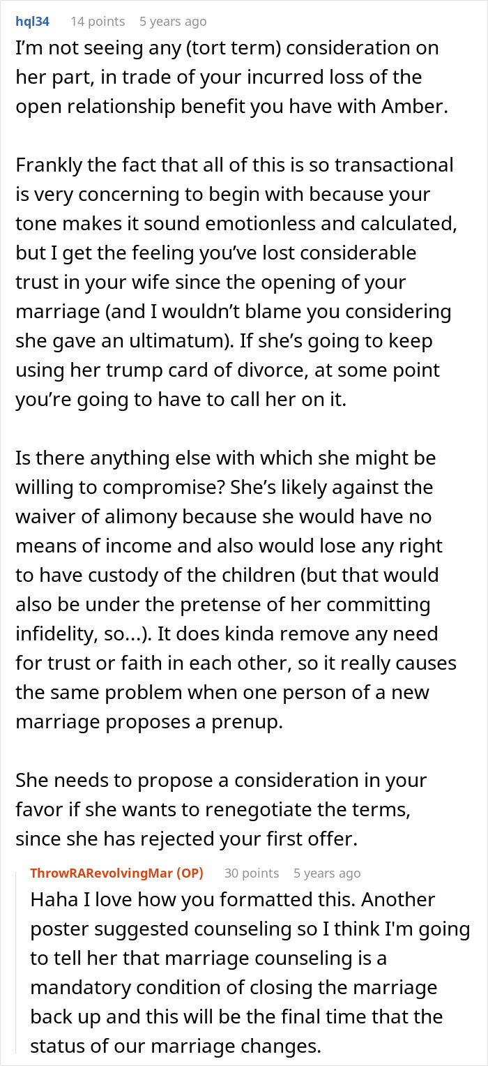 Reddit discussion about wife making husband agree to open marriage to reconnect with her ex and trust issues.