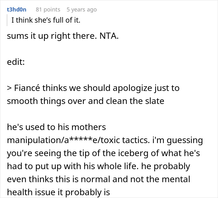 Commenter discussing fiancé's experience with mother's manipulation and toxic tactics in a family conflict situation. Commenter discussing fiancé's experience with mother's manipulation and toxic tactics in a family conflict situation.