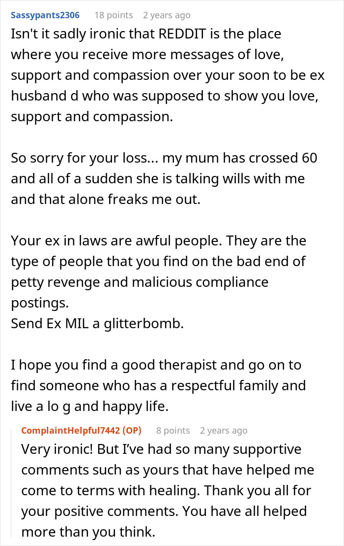 Reddit comments discussing wife’s frustration with husband and in-laws’ rudeness and plans to hire a divorce lawyer.