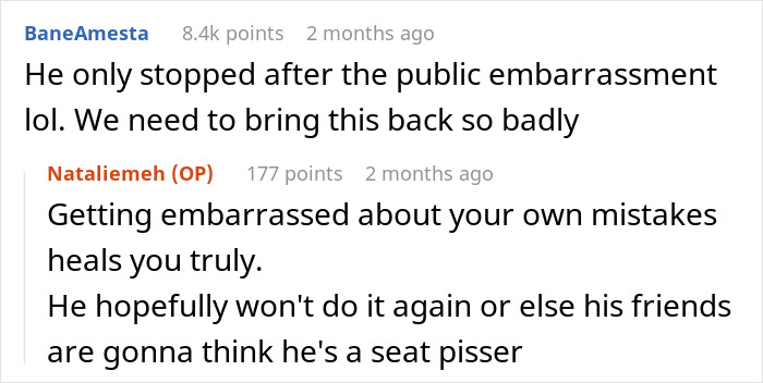 Conversation about brother leaving stains on toilet seat and sister shaming him publicly to stop the behavior.