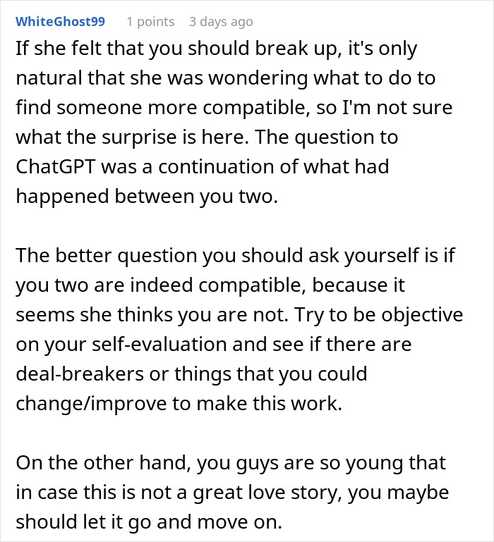 Comment about a woman using AI as a personal relationship coach causing her girlfriend to panic over potential upgrades.