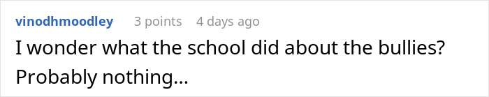 Comment discussing concern about school’s response to bullying after dad takes son out to celebrate punching a bully. Comment discussing concern about school’s response to bullying after dad takes son out to celebrate punching a bully.