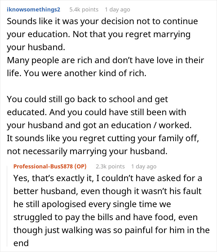 Reddit discussion about a woman disowned for marrying a mechanic, struggling at 55 while rich siblings thrive.