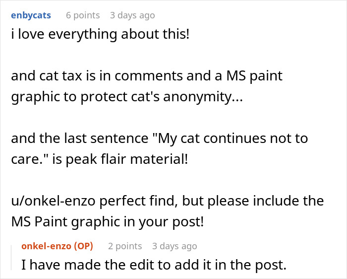 Screenshot of a conversation about protecting a lost cat’s anonymity and discussing the cat’s story of survival and family royalty.