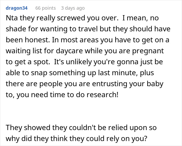 Comment discussing in-laws who refused childcare help and now want to move in, highlighting trust and childcare challenges.
