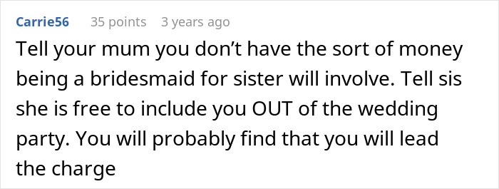 Comment discussing bridesmaid costs as sister turns into a bridezilla, leading to a tense family meeting.