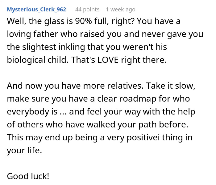 Comment discussing a man discovering a secret family after taking an ancestry test pressured by his wife.
