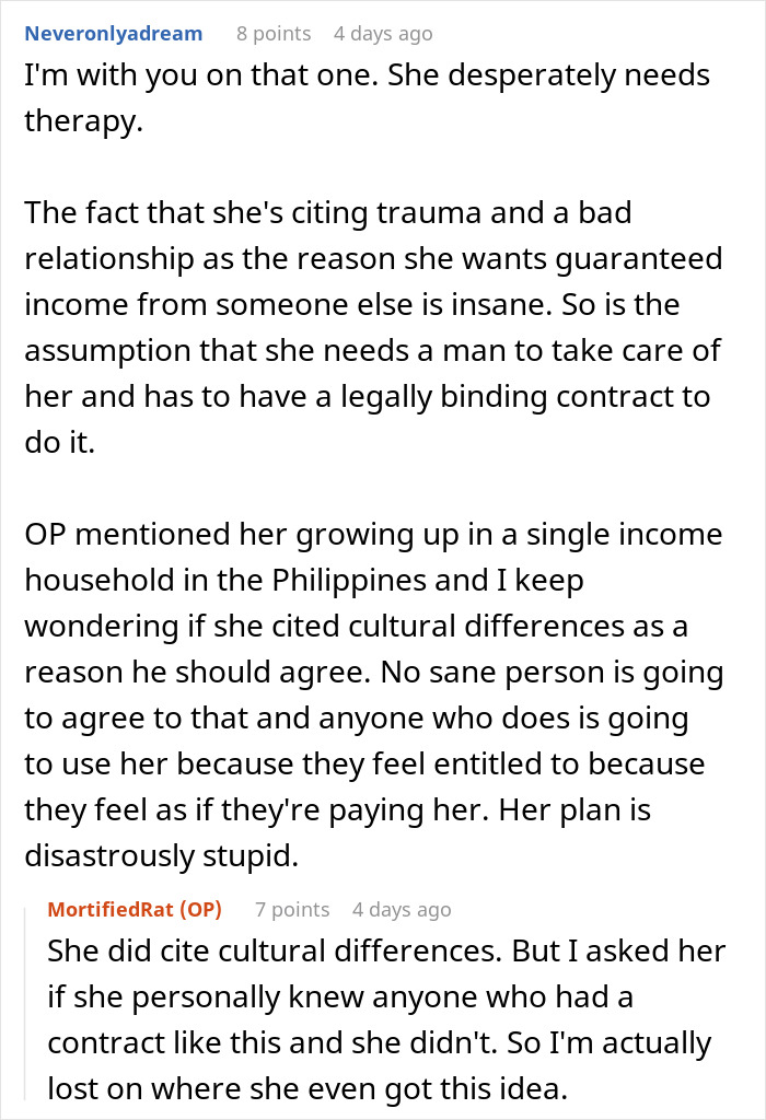 Discussion about a woman forcing her boyfriend to sign a contract granting her a share of his income for life. Discussion about a woman forcing her boyfriend to sign a contract granting her a share of his income for life.
