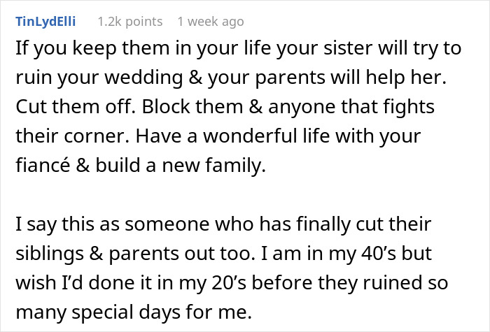 Comment advising to cut off toxic family to protect wedding plans and build a new life, reflecting golden child sibling dynamics. Comment advising to cut off toxic family to protect wedding plans and build a new life, reflecting golden child sibling dynamics.