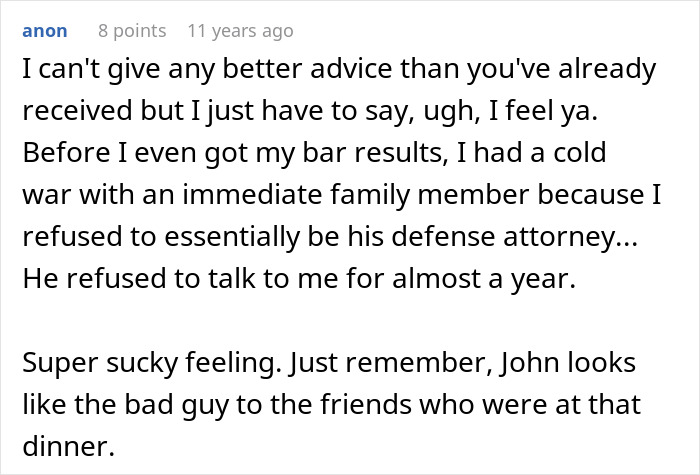 Screenshot of an online comment about refusing to risk a new career by giving free advice to friends and seeing their true colors.