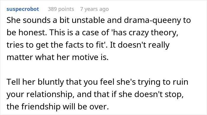 Commenter warns about drama and fabricated cheating evidence causing friendship and relationship issues.