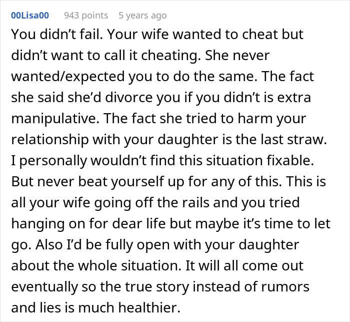 Comment discussing wife making husband agree to an open marriage to reconnect with her ex and its impact on their relationship.