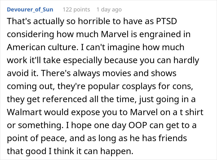 Comment discussing the difficulty of avoiding superhero culture for those with grief-related PTSD and hope for peace.