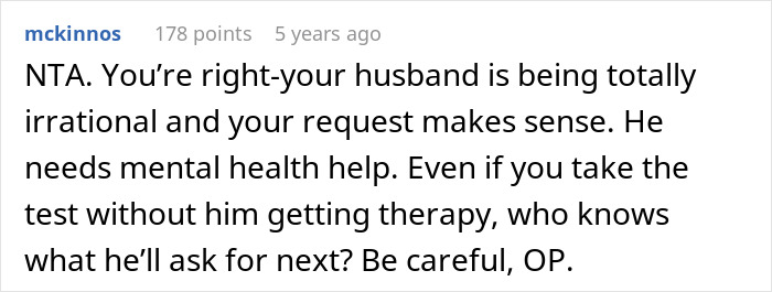 Comment explaining husband's irrational behavior after demand for paternity test for 3-year-old son and wife's therapy suggestion. Comment explaining husband's irrational behavior after demand for paternity test for 3-year-old son and wife's therapy suggestion.