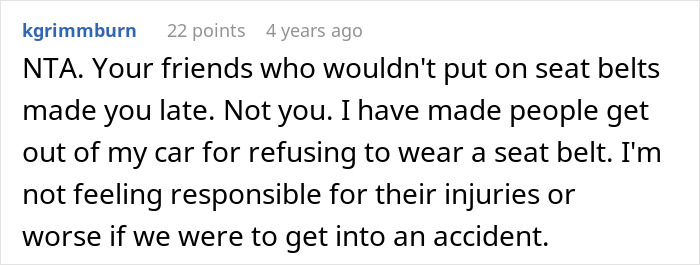 Screenshot of a user comment explaining a woman refusing to drive until friends buckle seat belts, causing a ruined road trip.
